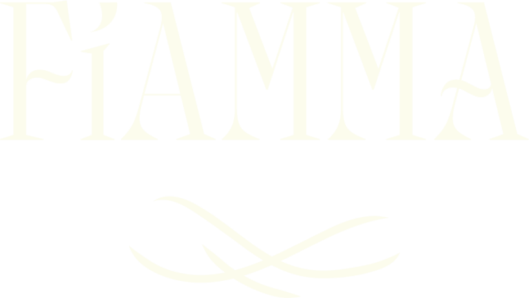 Large, pale yellow text reading FIAMMA is centered at the top of the image, evoking the elegant ambiance of a luxury restaurant. Below the text, there is a decorative, curved double underline. The background is light gray. Fiamma Sun Valley | Italian