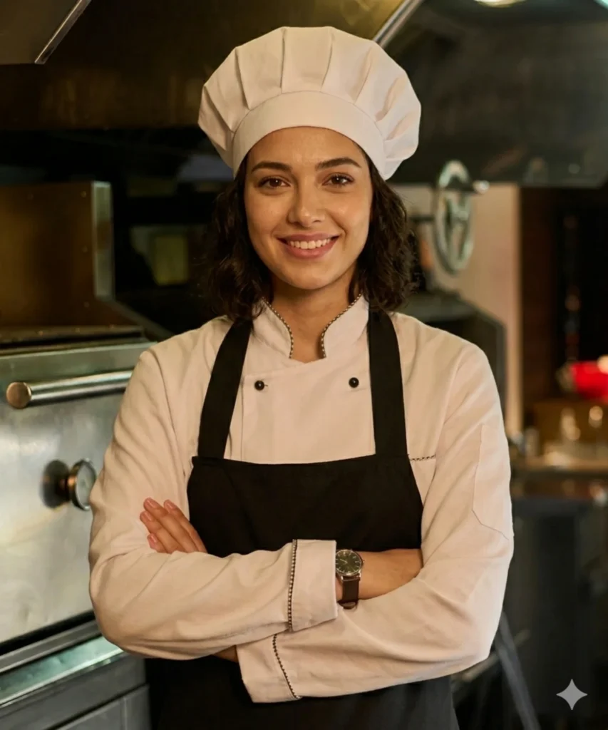 A smiling chef wearing a white hat and uniform stands with arms crossed in a professional kitchen. Fiamma Sun Valley | Italian