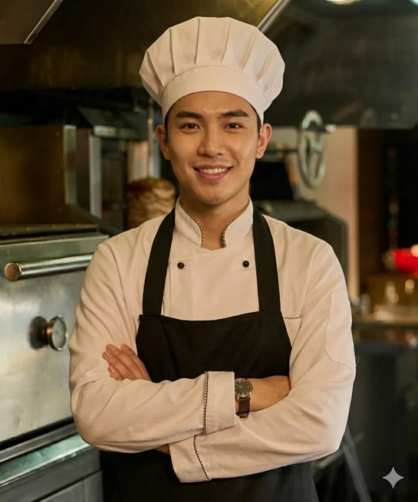 A chef in a white hat and uniform smiles with arms crossed in a professional kitchen setting. Fiamma Sun Valley | Italian