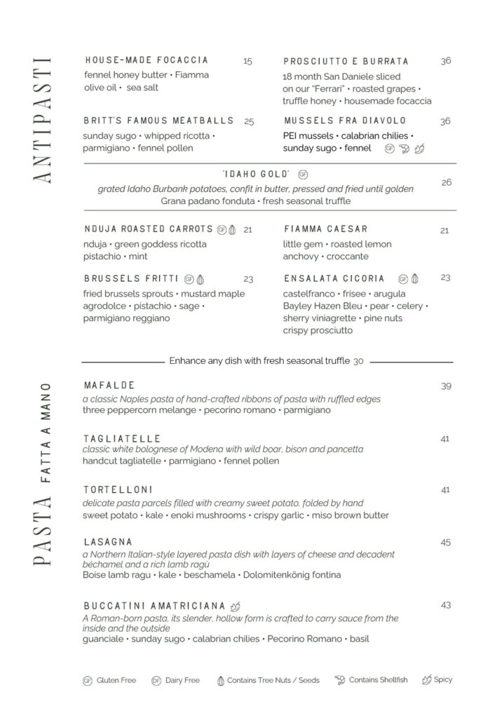 Menu for a restaurant listing appetizers including focaccia, meatballs, mussels, and various pastas such as mafalde, tagliatelle, and lasagna, along with dietary symbols at the bottom. Fiamma Sun Valley | Italian