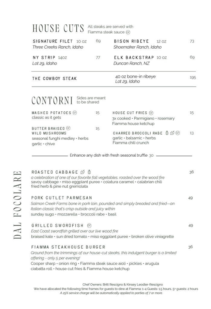 Menu for Fiamma Steakhouse listing house cuts, sides, and main dishes with prices and ingredient descriptions. Fiamma Sun Valley | Italian